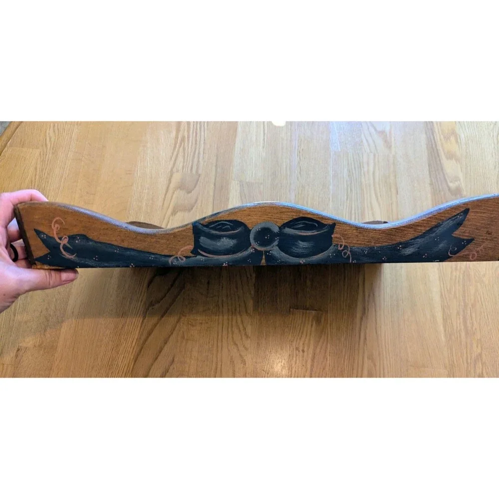 Vintage 80s Hand Painted Floral Wood Serving Tray Handles Art Cottagecore 11x17